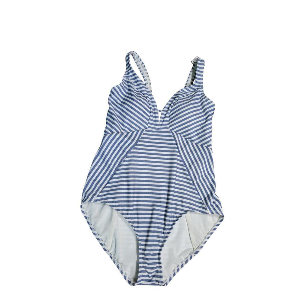 Time and Tru Women's Blue & White Striped One-Piece Swimsuit - Size L(12-14)